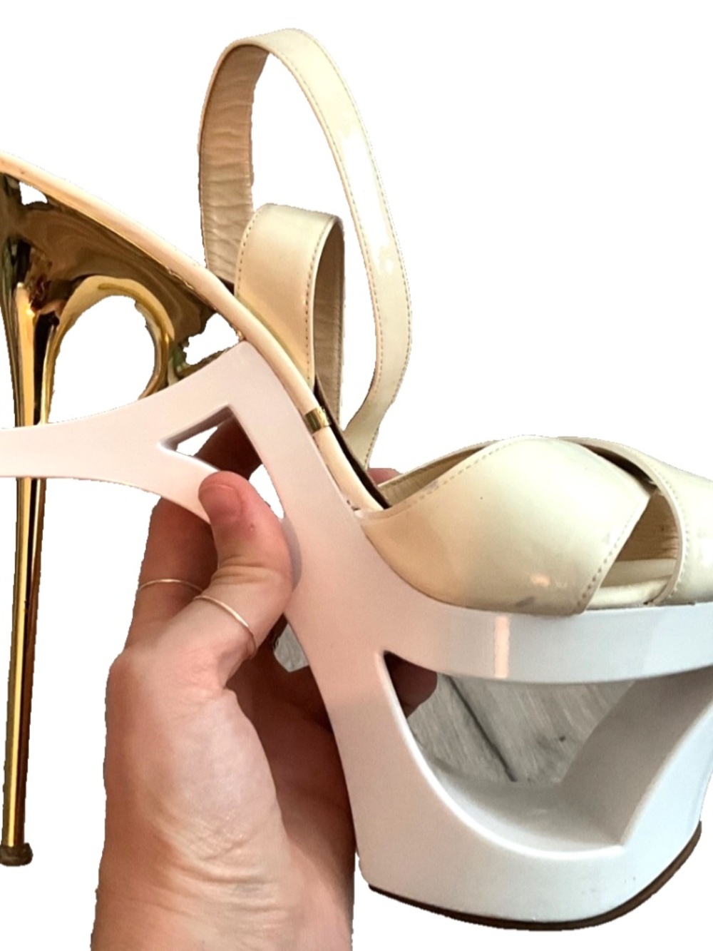 GIANMARCO LORENZI OffWhite/White Patent Leather Strappy Heels Gold Accents EU 40